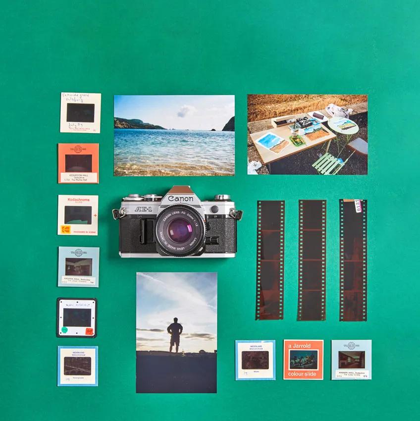 Photos and 35mm slides on a green background