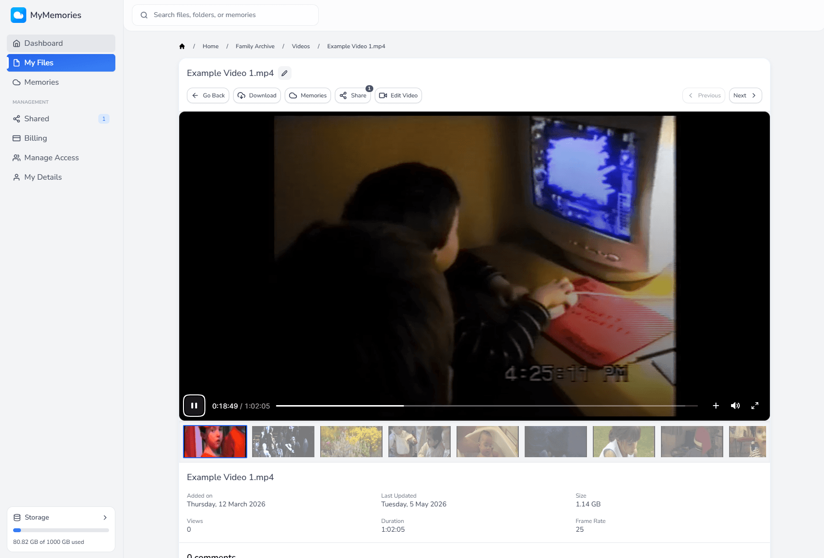 A family video playing inside the MyMemories private library