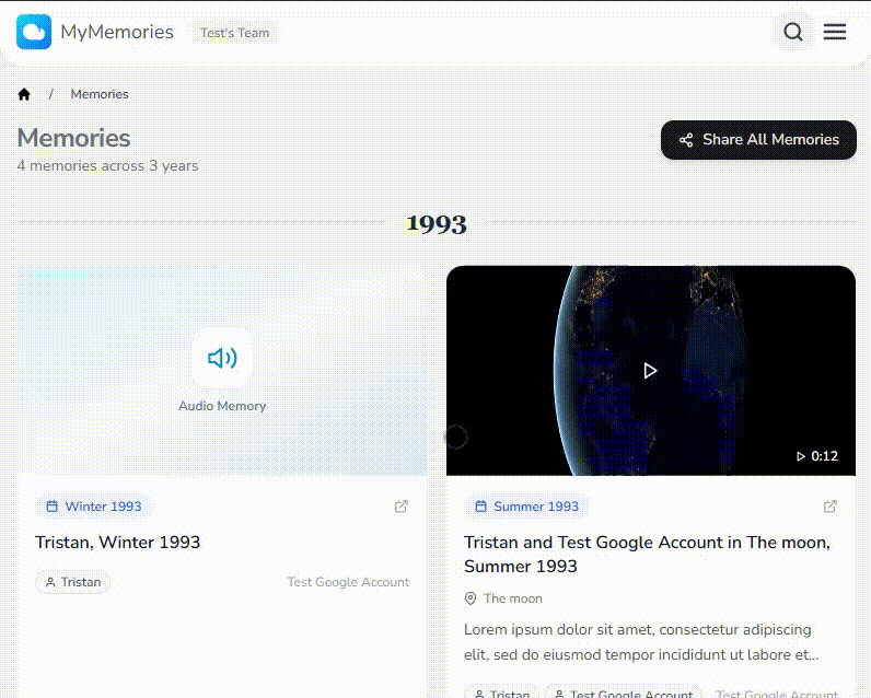 The MyMemories timeline showing comments attached to audio and video memories